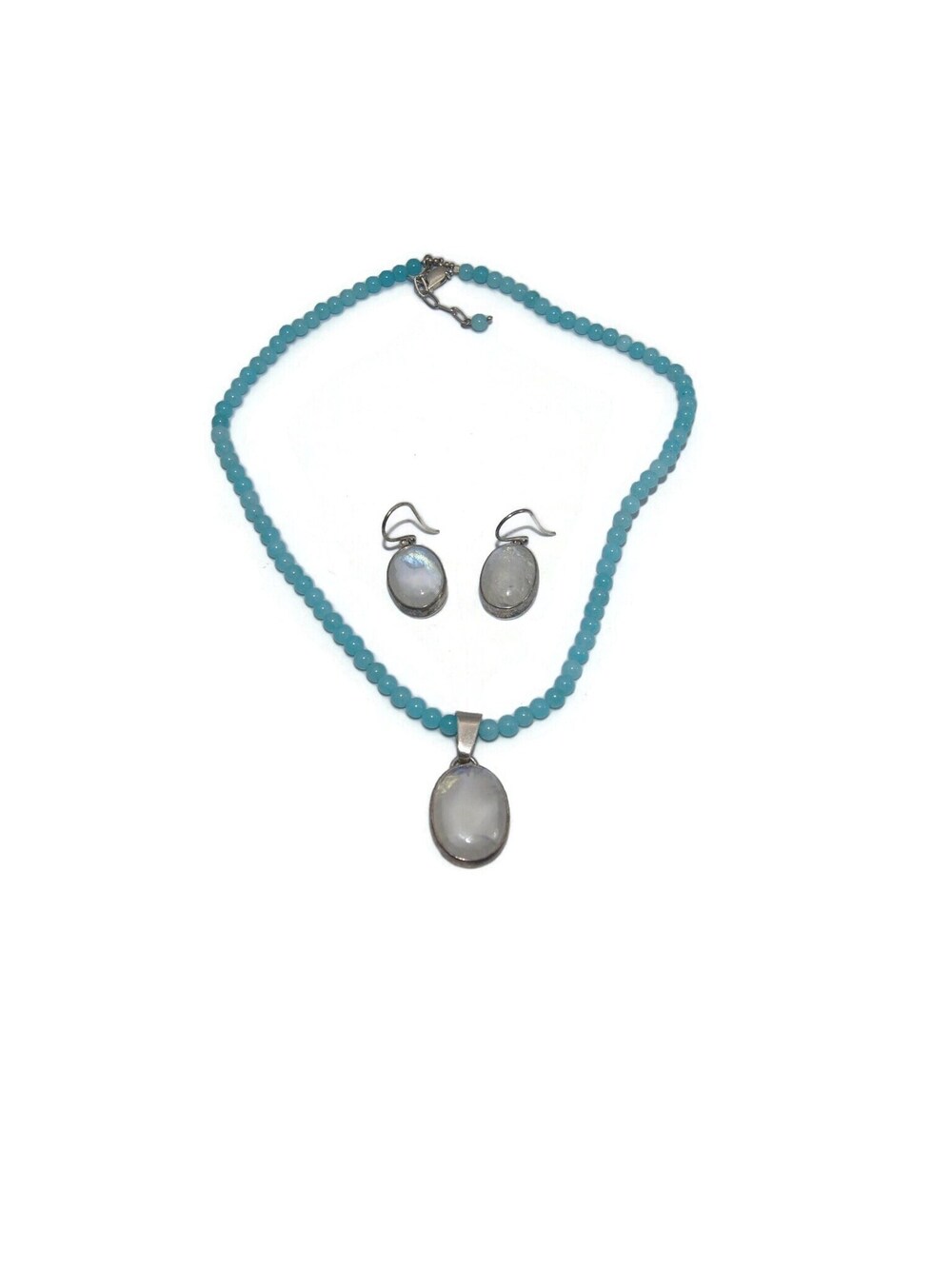 VTG Sterling Silver & Moonstone Pendant Necklace and Dangle Hook Back Earrings.